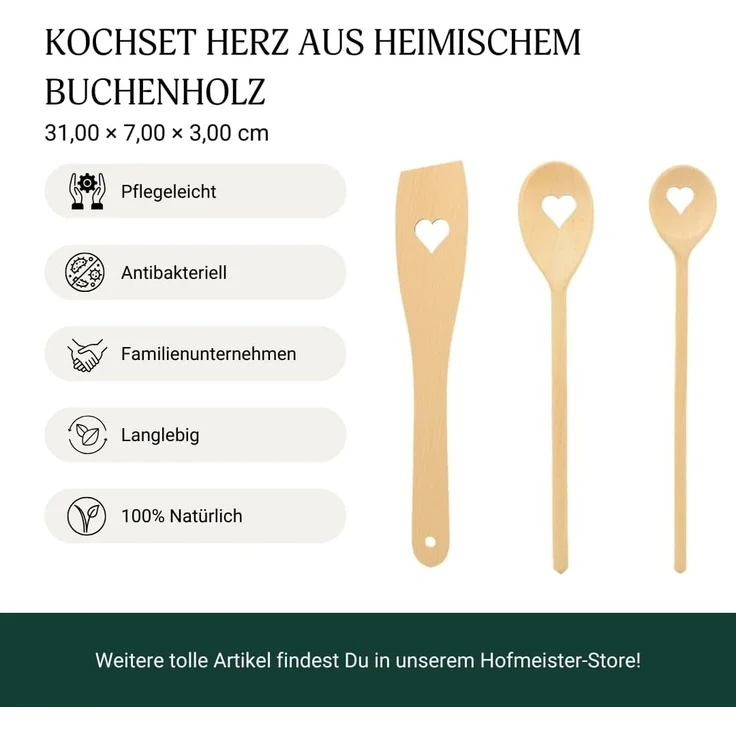 Hofmeister Kochlöffel 3tlg. Herz Buchenholz Rührlöffel Holzlöffel Pfannenwender – Bild 3