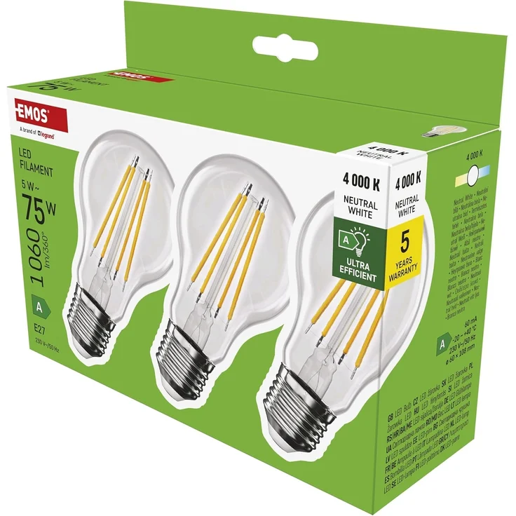 EMOS - LED-Lampe Filament A60 - A Klasse Vintage-Glühbirne - E27 Sockel - neutralweiß - 1060lm - extra-sparsam, 5W (statt 75W Glühbirne) - 50000 Stunden - Winkel 300° CRI min. 80-3er Pack