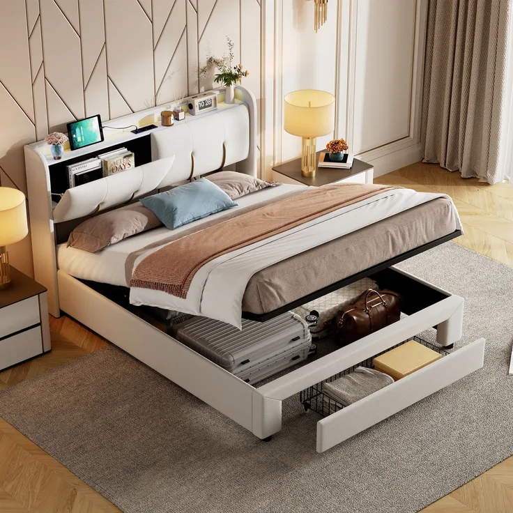 Pressure bed with storage function, light strip and USB charging port, double bed 160 * 200cm beige velvet European standard charger