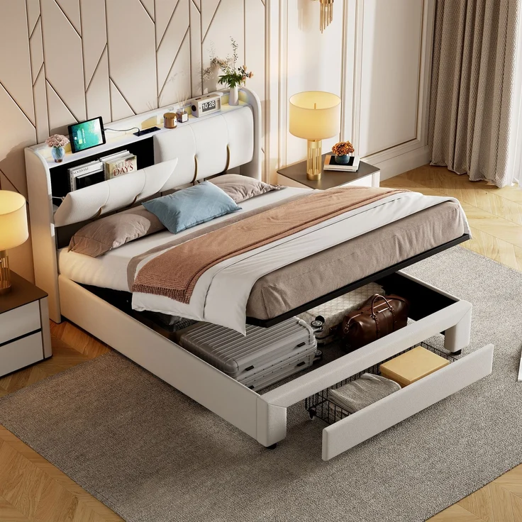 Pressure bed with storage function, light strip and USB charging port, double bed 160 * 200cm beige velvet European standard charger – Bild 1