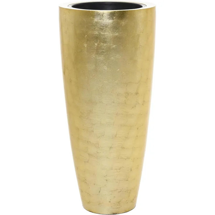 VIVANNO Pflanzkübel Fiberglas CITY Rund, Gold Blattoptik Hochglanz 37x80 cm