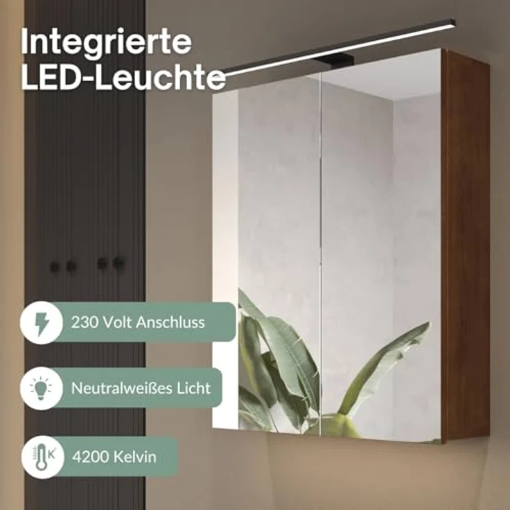Planetmöbel ARIA Spiegelschrank Bad mit Beleuchtung 60 cm breit | Badschrank hängend mit Spiegel | Gold Eiche, mit Leuchte und Steckdose, Spiegelschrank Gäste WC 60 x 70 x 16 cm – Bild 7