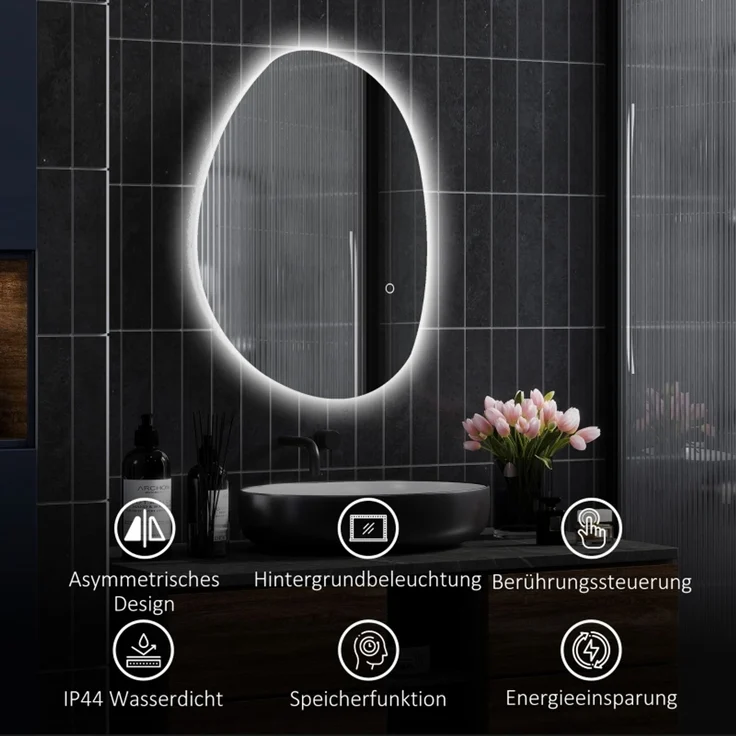 Badspiegel 70 x 50 x 5 cm aus Glas, asymmetrisch, mit LED-Beleuchtung und Anti-Beschlag-Funktion – Bild 7