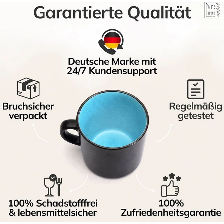 Steingut kleine Tassen 6 Pers. Ibiza Hochwertiges Mediterranes TEST SEHR GUT Tassen Set, Spülmaschinen-, Mikrowellen- und Kratzfest - Stylisches Tee- und Kaffeebecher Set - Pure Living in Aquamarin – Bild 4