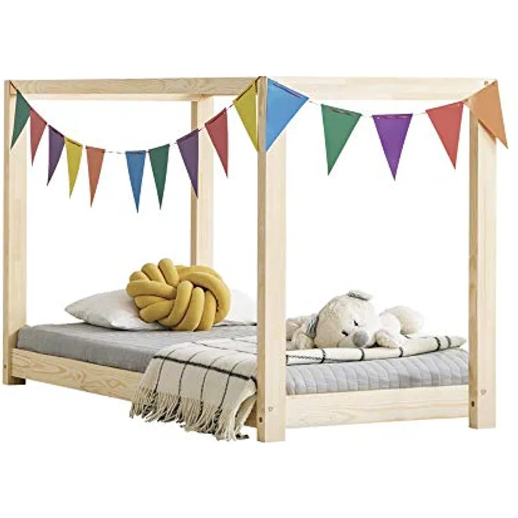Selsey DALIDDA – Kinderbett Himmelbett mit Lattenrost Kiefernholz skandinavisch naturbelassen, 90x190 cm