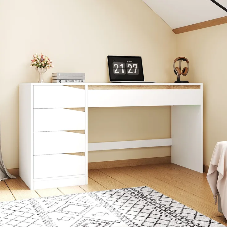 ZUBALIYA Schreibtisch 140x50 cm mit 5 Schubladen, Weiß/Eiche-Optik, Moderner Computertisch mit extra großer Arbeitsfläche, Schminktisch mit Stauraum, Bürotisch für Homeoffice, Schlafzimmer und Arbeitszimmer