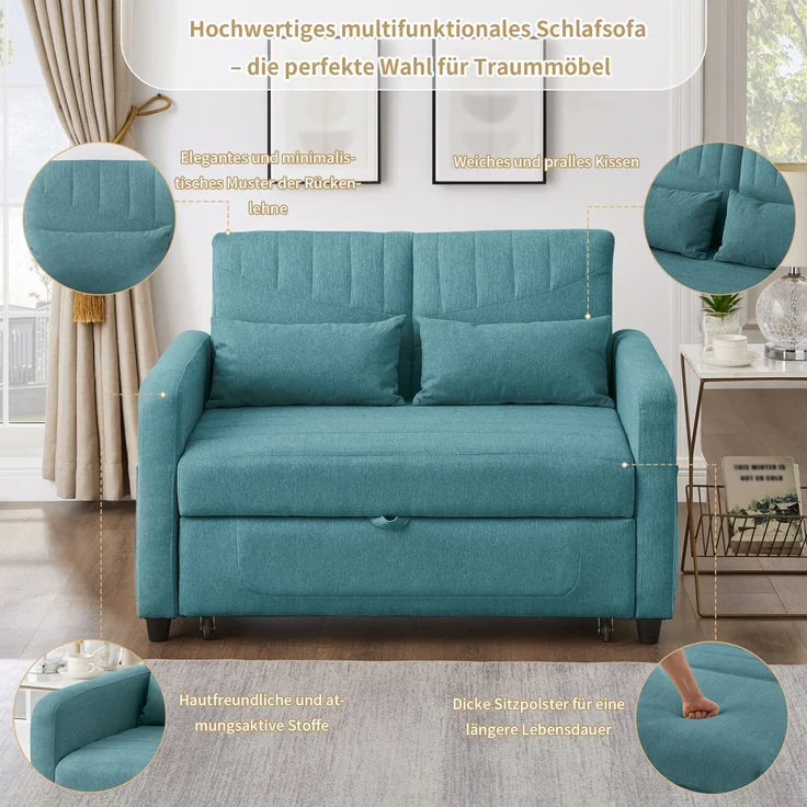 Ausziehsofa mit Schlaffunktion,3-stufig verstellbare Rückenlehne, Baumwoll-Leinen-Bezug, hochdichter Schaumstoff – Bild 8