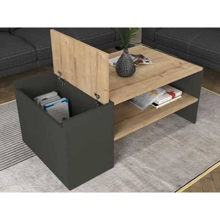 Vente-Unique Couchtisch Velkan, rechteckig, Anthrazit und Holz, 1 Fächer, 60x45x110 cm, ideal für Wohnzimmer – Bild 2