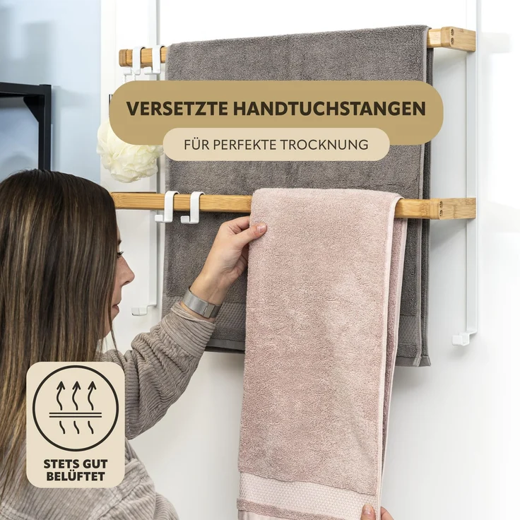 Tür-Hängeregal aus Metall und Bambus, 2 Handtuchstangen, 4 Haken, weiß – Bild 3