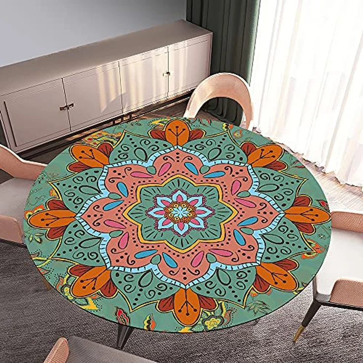 FANSU Runde Tischdecke Garten Abwaschbar, 3D Motiv Serie Polyester Fleckschutz Tischdecken Größe wählbar für Gartentisch, Outdoor in Kiche, Haushalt & Wohnen (Ethnischer Stil,90cm) – Bild 3