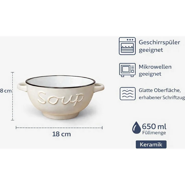 WestCraft Suppenschale Landhaus Suppenschüssel mit Griff Schüssel für heisse Suppen 650 ml, Keramik, (1-tlg), auch für Nudeln, Reis, Desserts, Salate, Suppen, Haferflocken Porridge – Bild 2