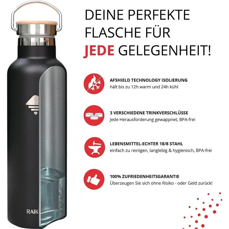 RAIKOU Isolierflasche Edelstahl Trinkflasche Vakuumisolierte Wasserflasche Thermoflasche, bis zu 12H heiß / 24H kalt,mit 2 Deckel,350ml/500ml/750ml/1000ml – Bild 3