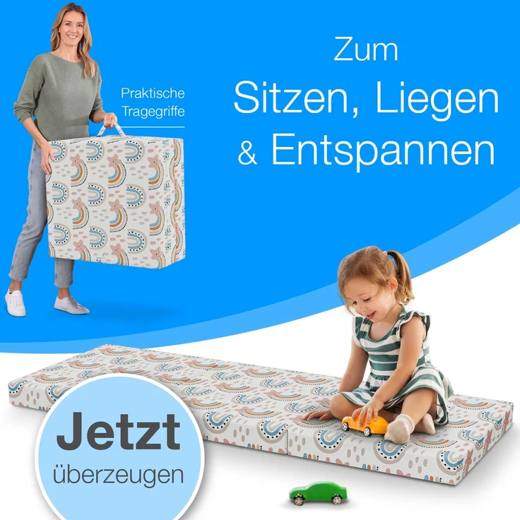 Klappmatratze Faltbare Kinder- & Erwachsenen-Reisematratze für Camping und Reisen, ELONEO, 9 cm hoch, verschied. Motive, inkl. Griff & Halteband – Bild 4