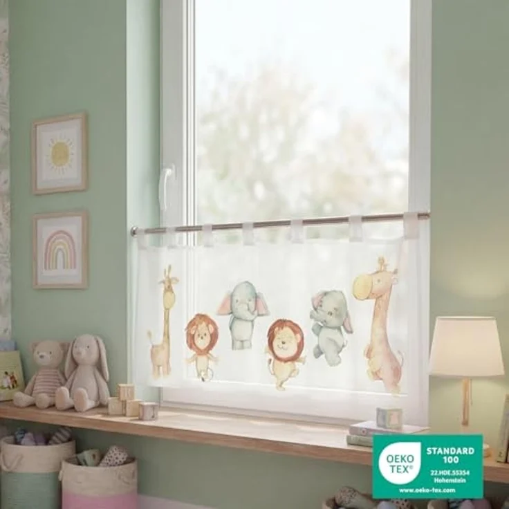 Delindo Lifestyle Scheibengardine Kinderzoo (1 St), Schlaufen, halbtransparent, Voile, mit Schlaufenaufhängung für die Küche – Bild 4