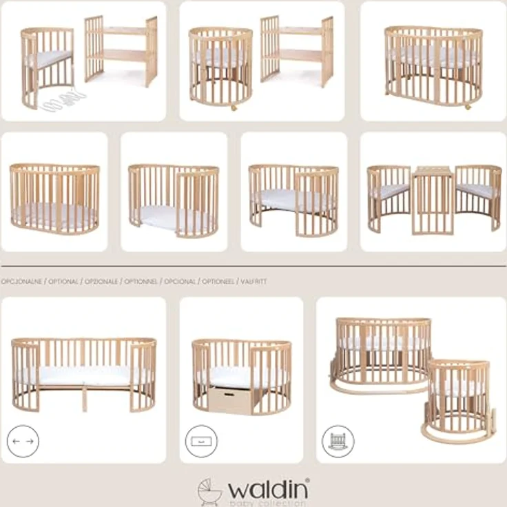 Waldin Oval Babybett Mitwachsend Komplett Set 7in1 - Baby Gitterbett mit Matratze - Babybetten mit Wickelkommode - Baby Bett mit Rollen - Mitwachsendes Kinderbett - Baby Bed - Beistellbett Holz – Bild 3