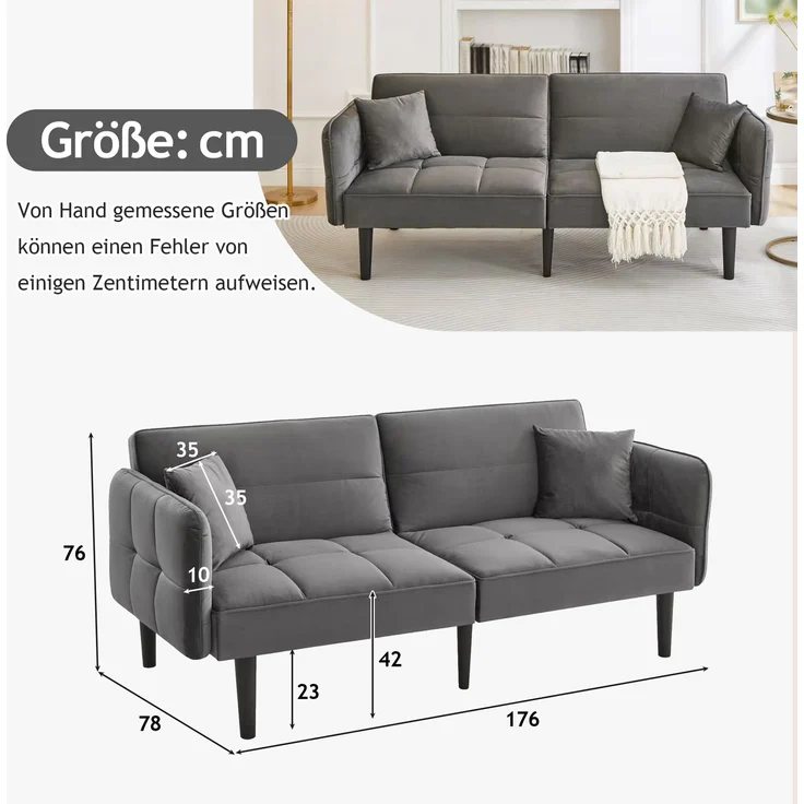 Schlafsofa Samt 2-in-1 verstellbar, mit klappbaren Armlehnen,Sofabett mit Massivholzfüßen & 2 Kissen,Grau – Bild 10