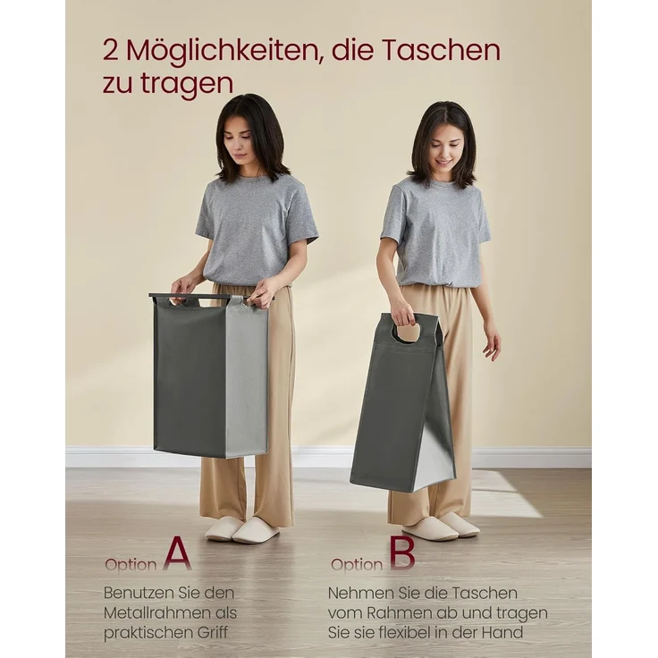 Vasagle Wäschekorb mit 4 Fächern, Metallrahmen Schwarz/Grau, 4x40L / 72 x 33 x 116 cm – Bild 5