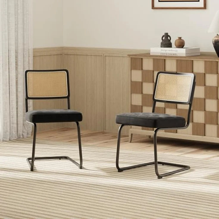 COLAMY Rattan Esstischstühle 2er Set, Samtbezug mit Metallgestell, Schwarz – Bild 8