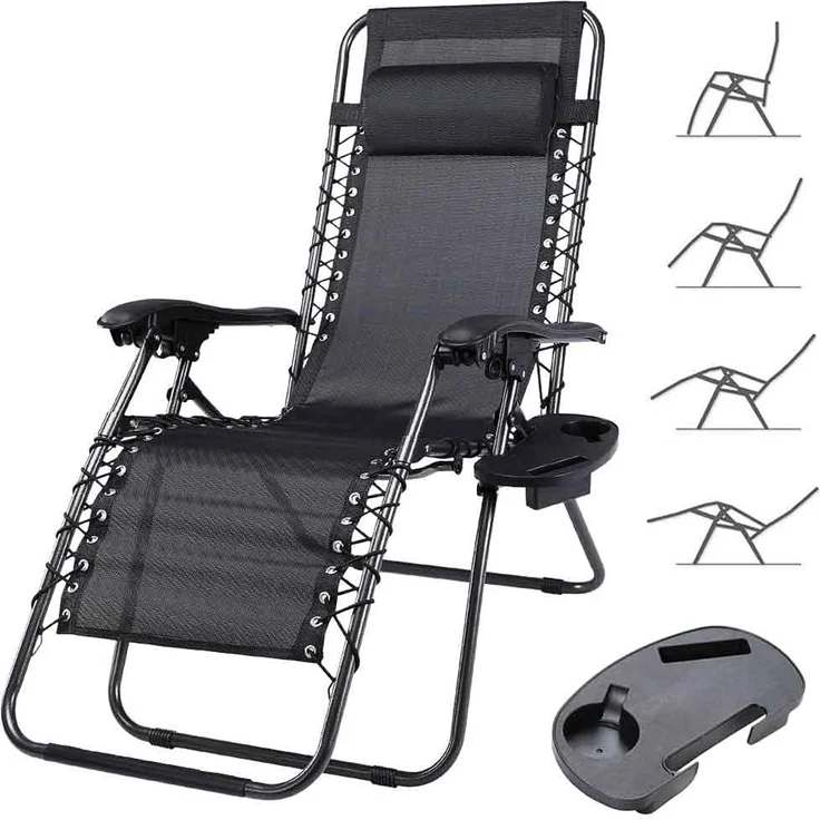 BAKAJI Stuhl Schwerkraft Zero Gartenliege, zusammenklappbar, platzsparend, mit Tablett aus Stahl 22 mm, neigbar, aus Oxford-Stoff, atmungsaktiv, Terrasse, Außenpool (Schwarz) – Bild 1