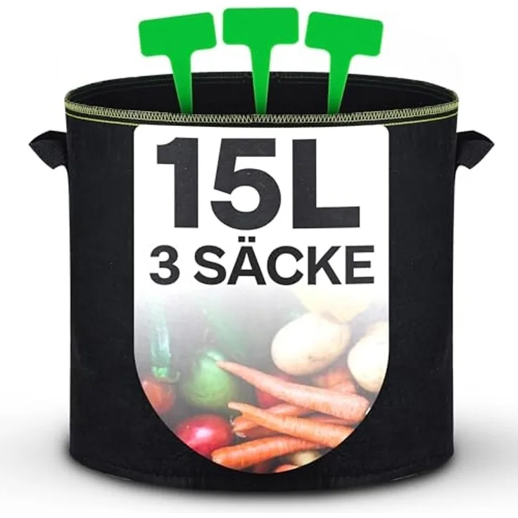 Praknu Pflanzkübel Pflanzsack 15L - 3 STK aus Vliesstoff mit 3 Schilder zum Beschriften (3er Set, 3 St), mit Griff - Für Gemüse, Pflanzen & Blumen - Stofftöpfe - Grow Töpfe