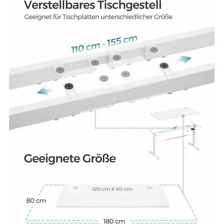SONGMICS Höhenverstellbarer Schreibtisch elektrisch, Tischgestell, Schreibtischständer mit Motor, stufenlos verstellbar, 120 x 60 x (73-114) cm, Stahl, weiß LSD011W01 – Bild 7