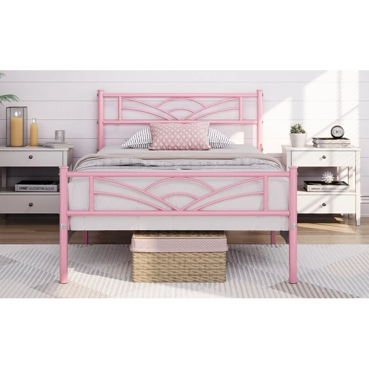 Yaheetech Metallbett mit Lattenrost, Wolkenmuster, Hellrosa, 90x190 cm – Bild 1