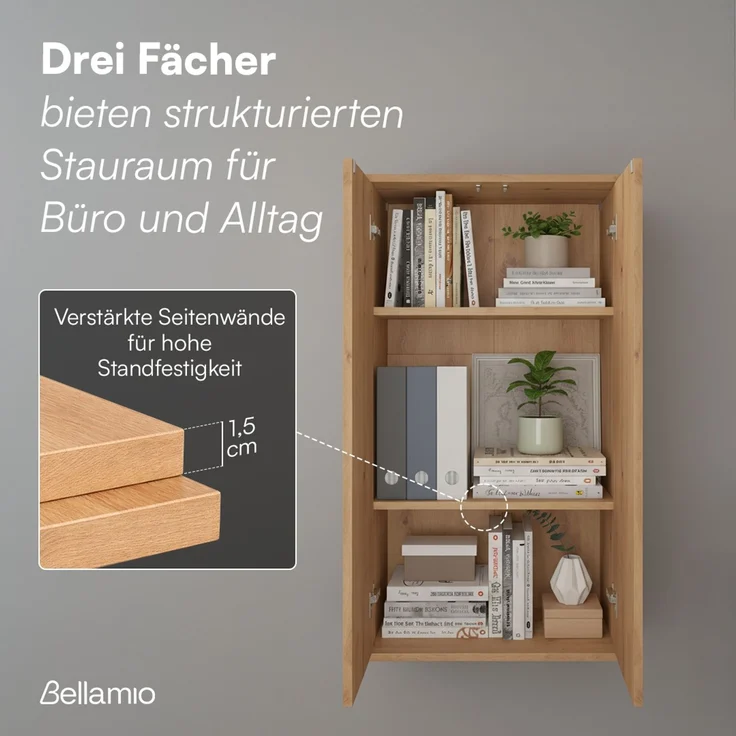 Bellamio 'Ais' Mehrzweckschrank, Eichenoptik, 110x33x60 cm, kleiner Aktenschrank mit 3 Fächern, Hängeschrank mit Push-to-open – Bild 4