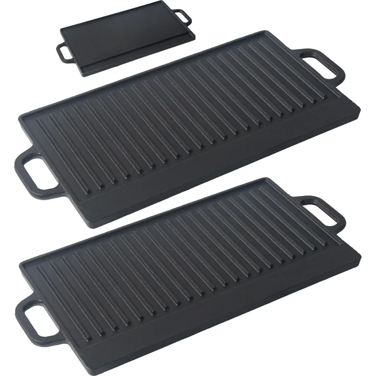 Grillplatte aus Gusseisen 1-2 Stück 50x23,5cm Wendeplatte emailliert Grillpfanne Burgerplatte BBQ Plancha für Gasgrill Holzkohlegrill Herd Backofen Lagerfeuer geriffelt glatt schwarz