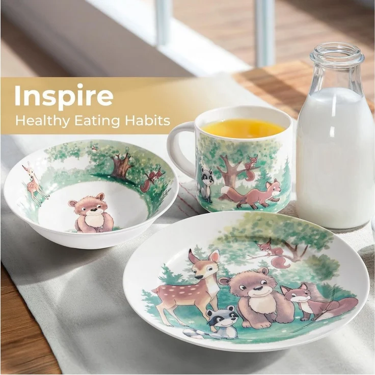 MiaMio Kindergeschirr-Set Wald Motiv Grün (3-tlg), 1 Personen, Keramik, Teller, Schüssel und Tasse mit Kindermotiv – Bild 3
