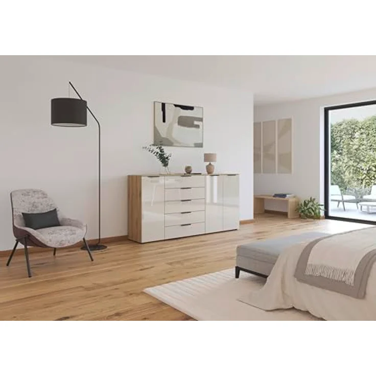 Rauch Möbel Flipp, Kommode für Schlafzimmer, Kinderzimmer, Wohnzimmer, Flur, Garderobe, 3-türig, 5 Schubladen, mit Softclose-Funktion, Farbe Eiche Artisan, Holz/Glas Beige, Breite 199 cm – Bild 3