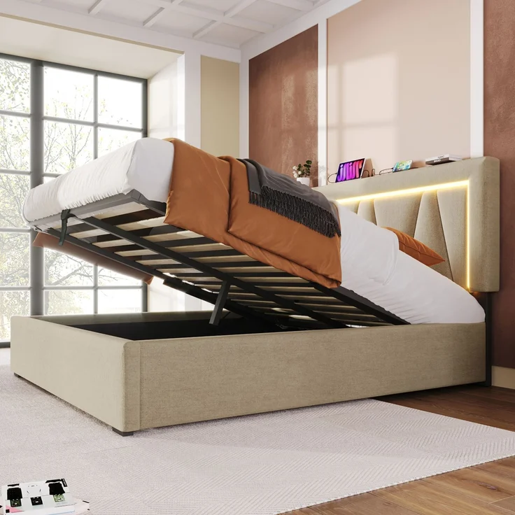 Polsterbett 160x200 cm mit verstellbarem Kopfteil, LED-Beleuchtung, USB & Type-C Ladeanschluss,Stauraum,Beige,inklusive Matratze – Bild 4