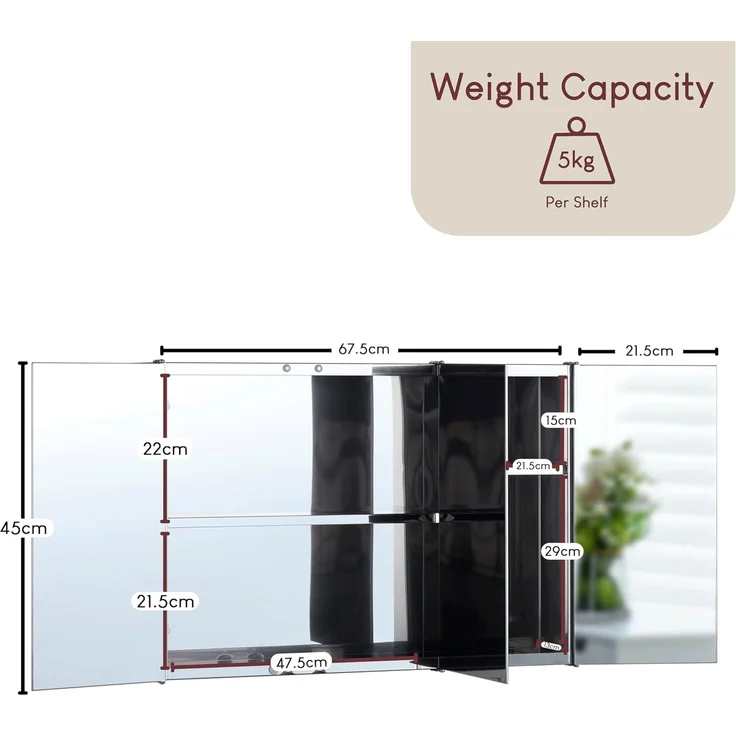Home Discount Bath Vida Tiano Badezimmerschrank, dreifach verspiegelt, Wandmontage, Edelstahl, moderner Schrank, Glas, Silber, H 45 x W 68 x D 13 cm Approx – Bild 6