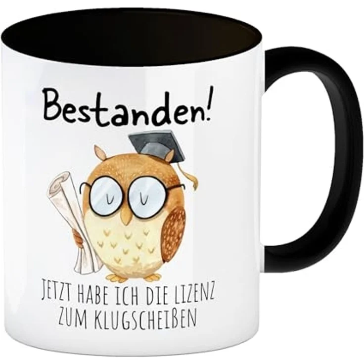 speecheese Tasse Bestandene Prüfung Eule Kaffeebecher in schwarz mit Spruch Lizenz zum – Bild 1
