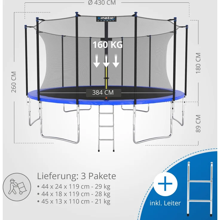 KINETIC SPORTS Trampolin Outdoor SALTO - Kindertrampolin Gartentrampolin Set mit Leiter, Netz, Randpolster, USA Sprungtuch, bis zu 160kg, Blau, Ø 430 cm – Bild 7