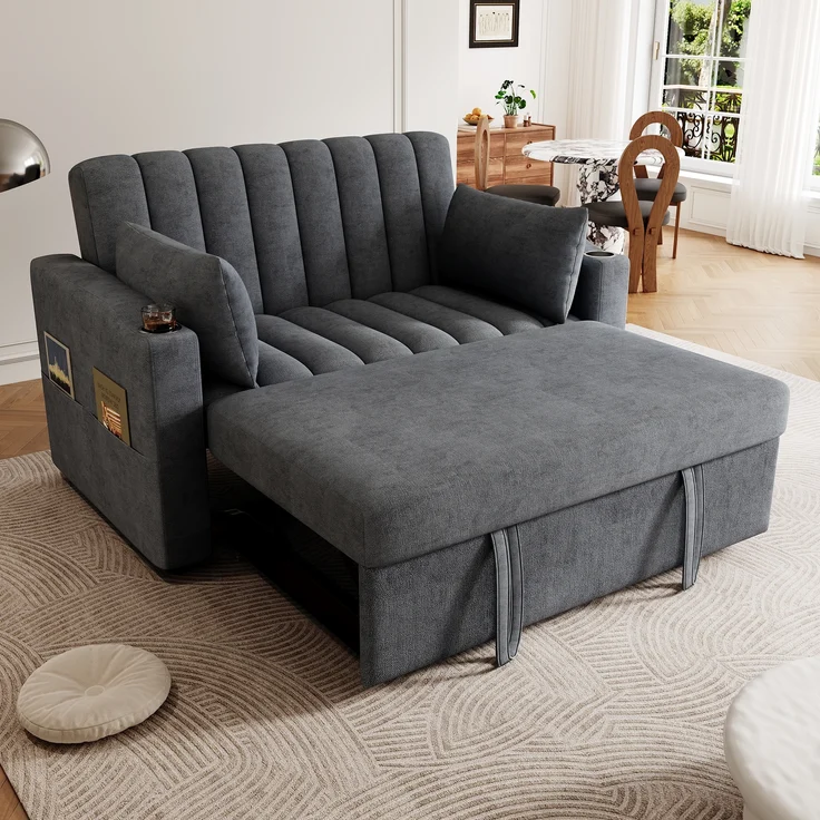 Multifunktions Schlafsofa mit 3-fach Rückenlehne & Getränkehalter, Baumwoll-Leinen, 136x162x84 cm, Grau – Bild 2