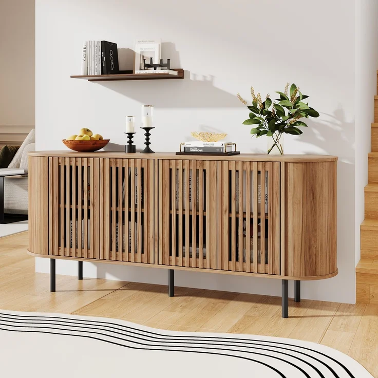 Merax 160x40x70cm Sideboard aus MDF mit 4 perforierten Schiebetüren, Kommode mit verstellbaren Einlegeböden und stabilen Metallbeinen, Wohnzimmer Buffet-Schrank, Naturholzfarbe – Bild 2