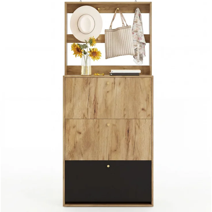 ZUBALIYA Schuhschrank (75 x 24 x 180 cm), Haken zur Aufbewahrung, Aus Spanplatte, Stauraum für Flur und Eingangsbereich, Schwarz / Naturfarben – Bild 25