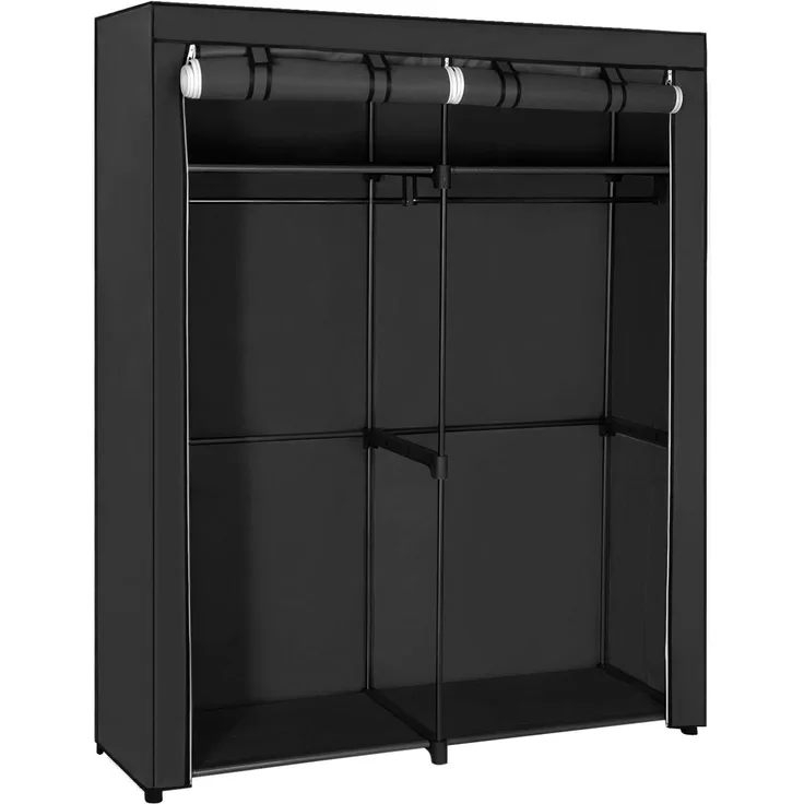 Stoffschrank mit 2 Kleiderstangen, Stoff, Metall, Kunststoff, Schwarz, 140 x 43 x 174 cm