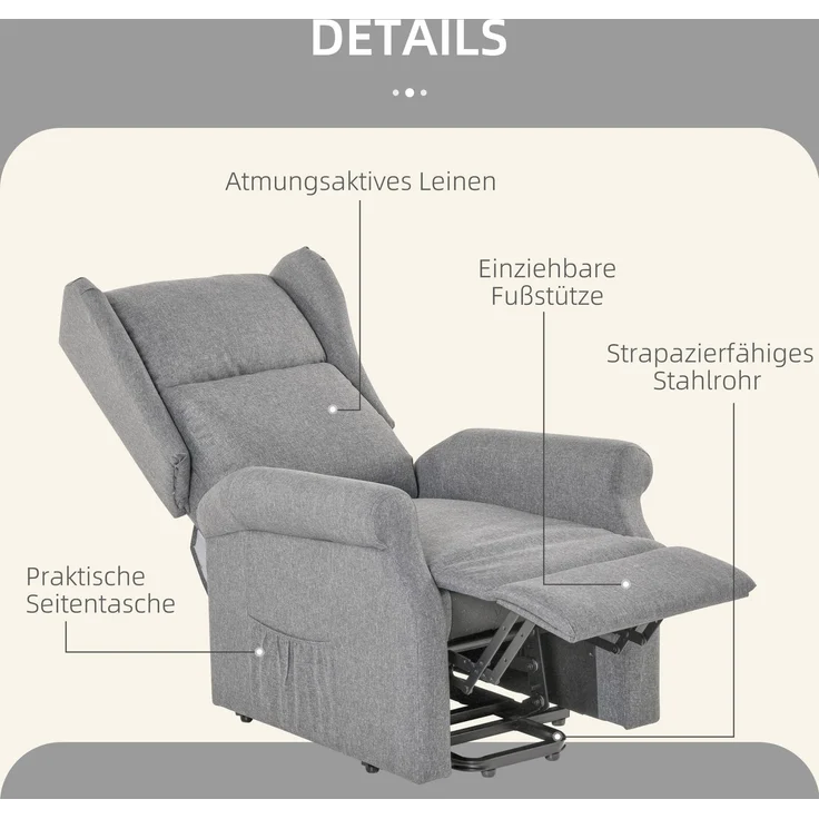 Wohnora-Relaxsessel, Aufstehhilfe, Liegefunktion, bis 200kg, 72,5x94x109cm, Grau,H 1110cm x T 740cm x B 940cm – Bild 5