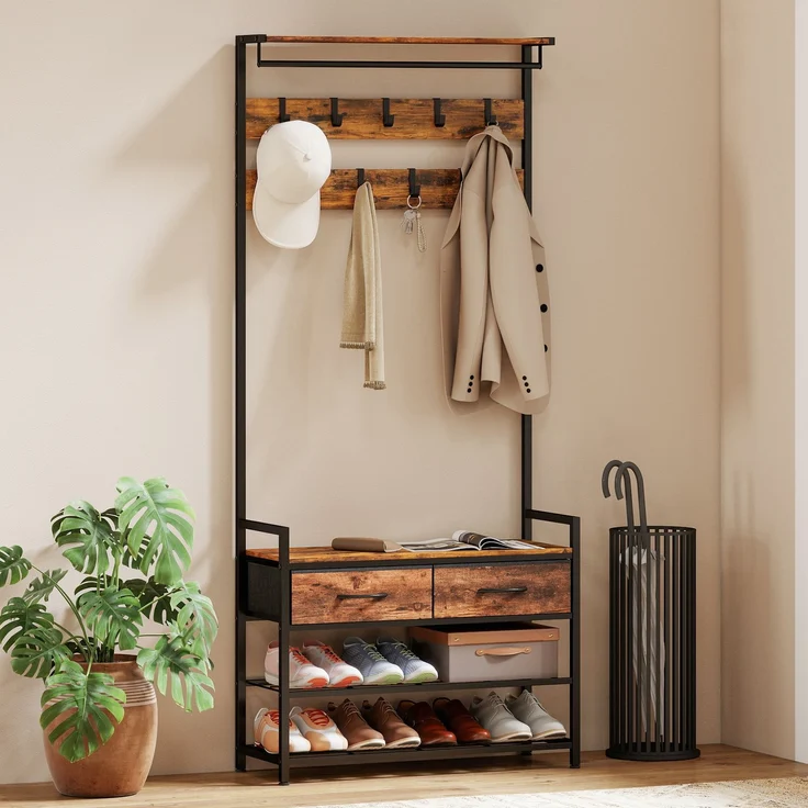 MELAYR, Garderobenständer mit Kleiderhaken, Schuhbank, 80 x 30 x 181.5 cm, Rustikal Braun – Bild 4