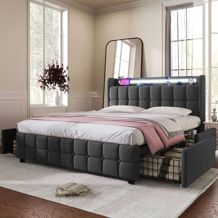 Einzelbett 140 × 200 cm mit Steckdosen,USB-Anschlüssen und LED-Beleuchtung,4 Schubladen,Leinenbezug in Grau,inklusive Matratze – Bild 5