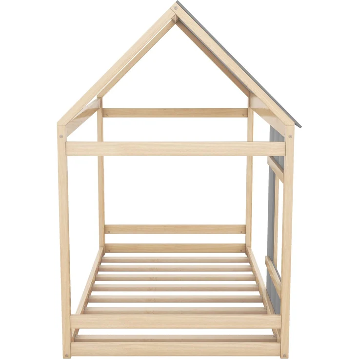 Kinderbett 90x200 cm in Hausform, Montessori Bett mit Dach und Fenster,offenes Design zum Dekorieren,Natur & Grau – Bild 9