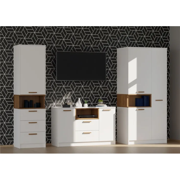 Marmex Möbel Grant Set-D Jugendzimmer Komplett-Set 3-teilig mit Kleiderschrank, Kommode, geschlossenes Regal, Kinderzimmermöbel, laminierte Spanplatte, weiß+riviera Eiche, 262,5x195x55 cm