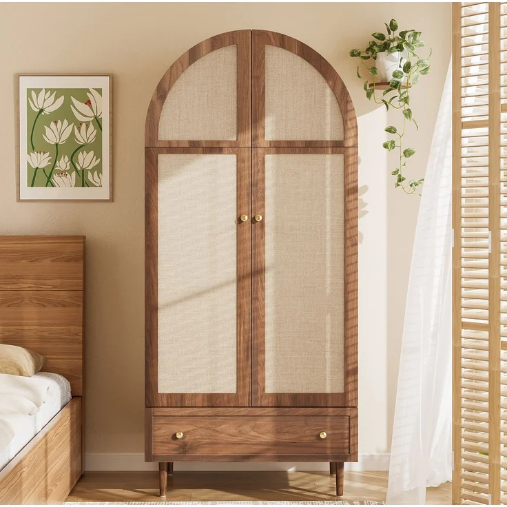 DESVIAE Garderobenschrank mit Stofftüren und Schublade 79x175x50 cm aus MDF in Holzfarbe – Bild 3