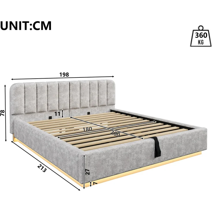 Polsterbett, Doppelbett, 180 x 200 cm, Bett mit Lattenrost, Kopfteil,Gepolstertes Kopfteil,Hydraulische Lagerung, Mit LED-Lichtleiste, Ohne Matratze, Hellgrau Chenille – Bild 7