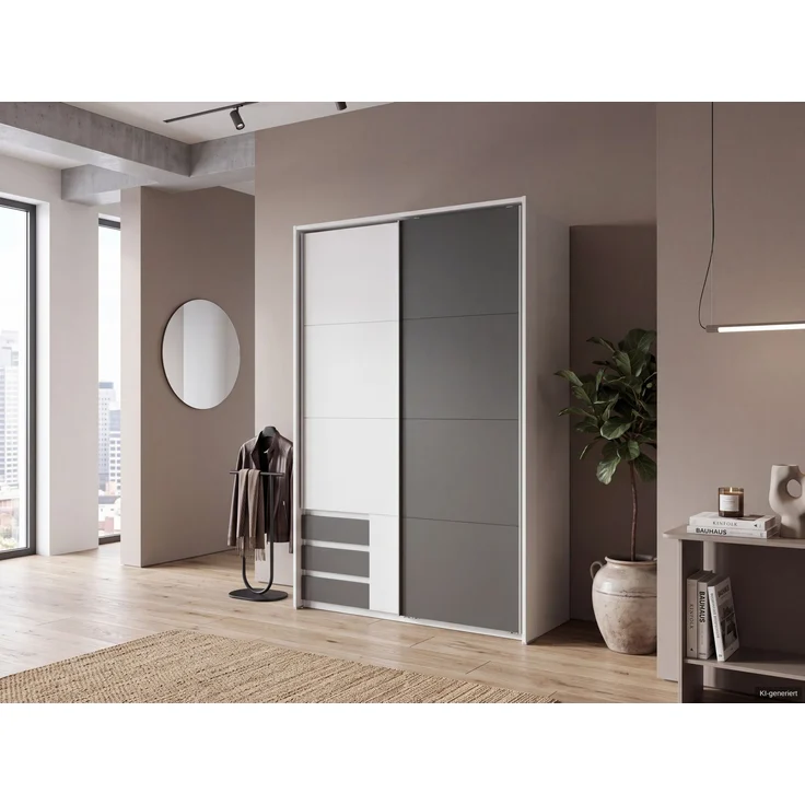 Schwebetürenschrank 2tg Kleiderschrank 138cm Weiß Grafit Schubladen Passepartout – Bild 3