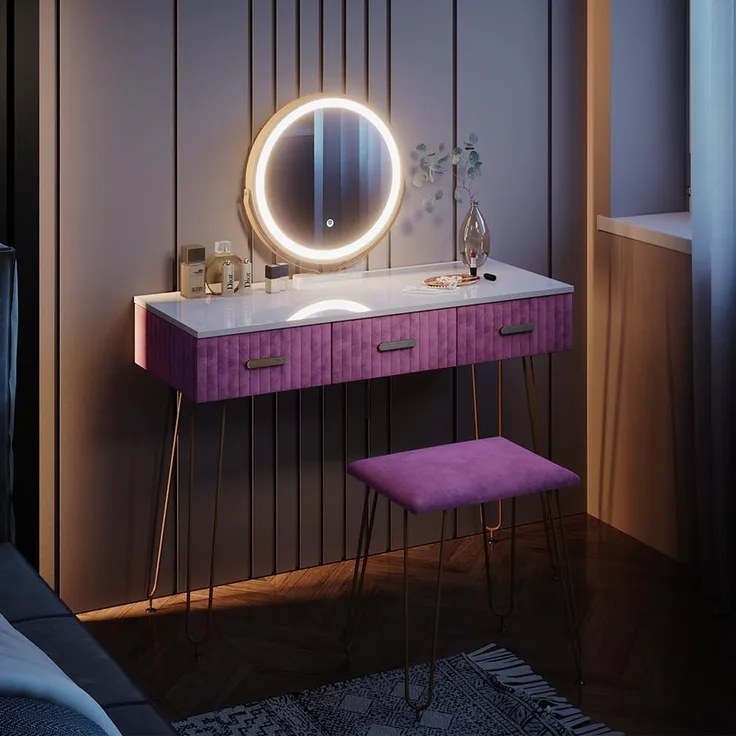 Schminktisch Layla Rosa 100 cm mit LED Beleuchtung und Hocker Vicco