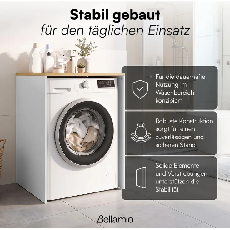 Bellamio 'Vist' Waschmaschine/Trockner Schrank mit Ablage, Weiß/Eichenoptik, Waschmaschinenschrank mit Wandanschluss für Standardgeräte, Badschrank für Hauswirtschaftsraum – Bild 6