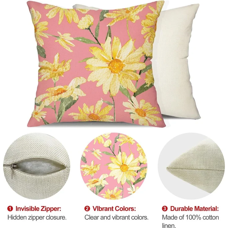 Sommer Kissenbezüge 40×40 cm 4er-Set Gelb-Pink Gänseblümchen, “Hello Sunshine”, Outdoor Couch – Bild 6