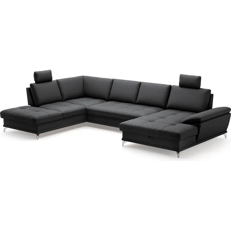 Cavadore Wohnlandschaft Castiel mit Federkern / Sofalandschaft mit großem Longchair, Sitztiefenverstellung, Kopfstützen und satinierten Metallfüßen / 363x89-104x223 / Echtleder, Schwarz